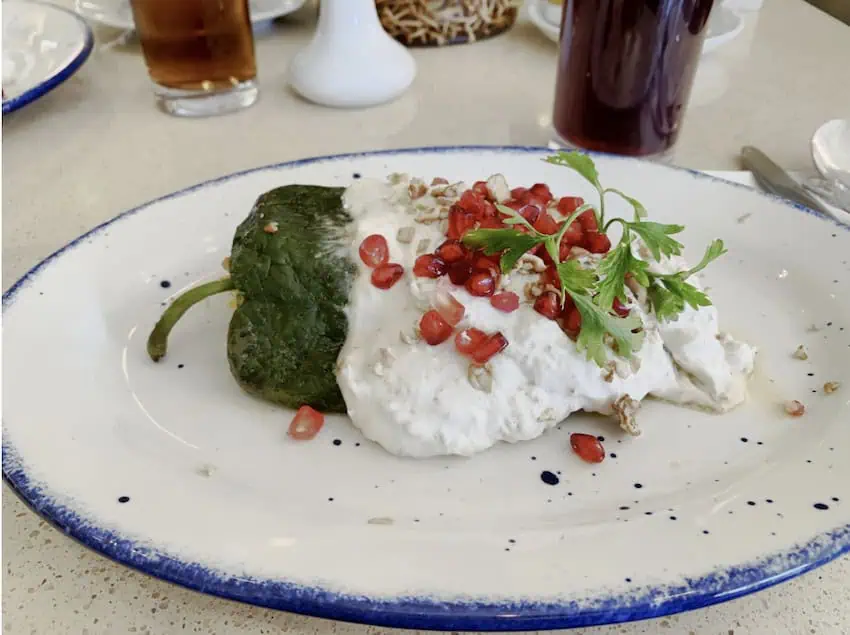 A plate of Chile en nogada, an example of Puebla food